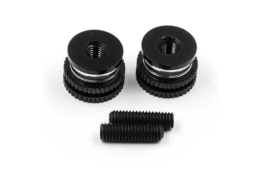 Two black aluminium twist nuts and two matching threaded grub screws on a white background.