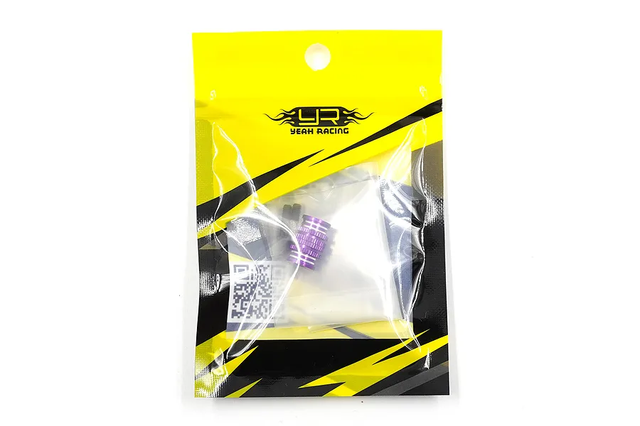 A sealed Yeah Racing branded yellow and black plastic bag containing two purple aluminium twist nuts for RC cars.