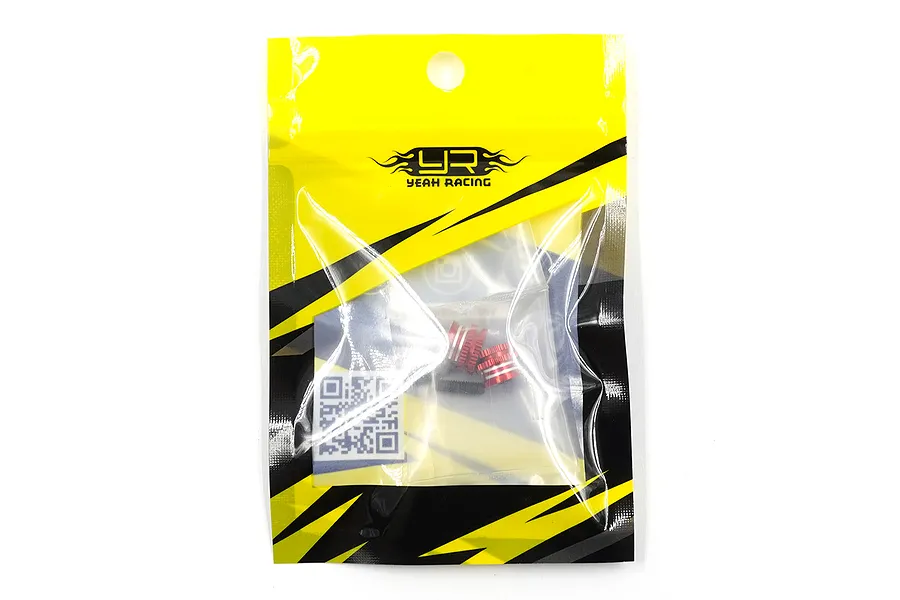 Two red aluminium twist nuts in a yellow and black Yeah Racing branded plastic retail bag.