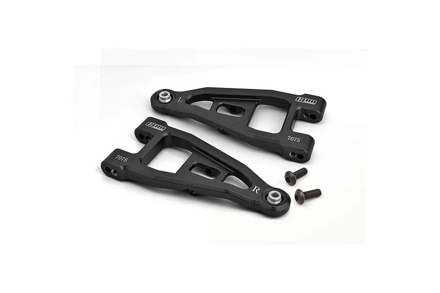Two black GPM Racing aluminium front lower suspension arms for RC cars, marked with L and R, alongside two small black screws on a white background.
