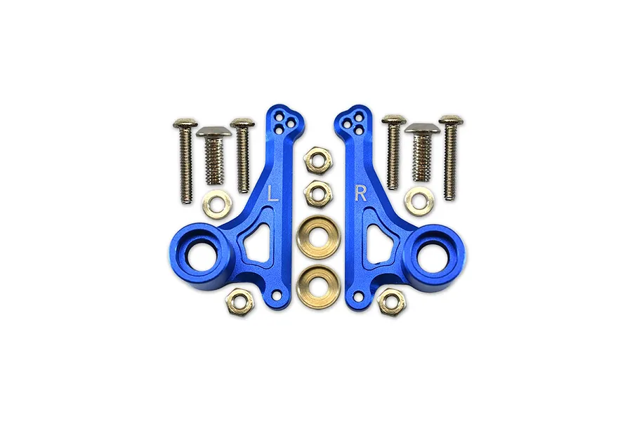 A pair of blue anodized aluminium front suspension rocker arms for an RC car, including mounting screws, nuts, and washers.