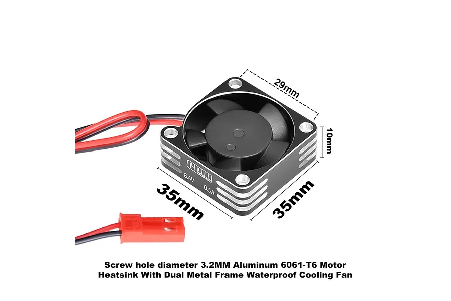 A black GPM Racing 35x10mm cooling fan with dimension labels and a red JST connector on a white background.