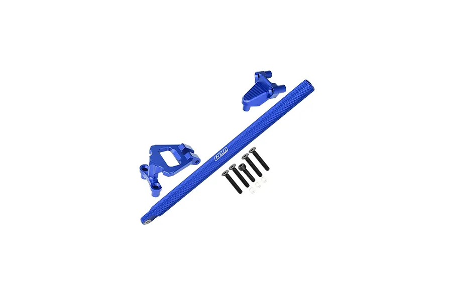GPM Racing blue aluminium centre brace bar and mounting brackets for 1/10 RC vehicle with included screws and washers.