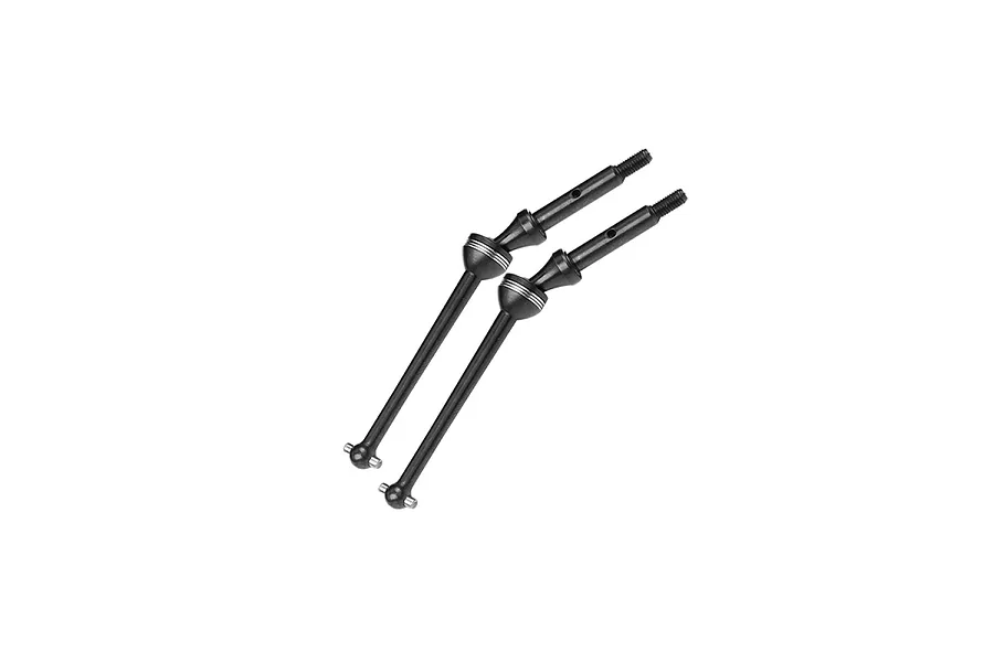 Two black hardened steel CVD drive shafts for RC cars, shown at an angle against a white background.