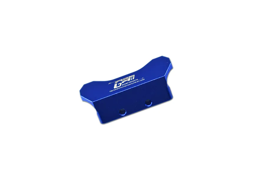 A blue anodized aluminium rear bumper for an RC car, featuring the GPM Racing logo printed on the front surface.
