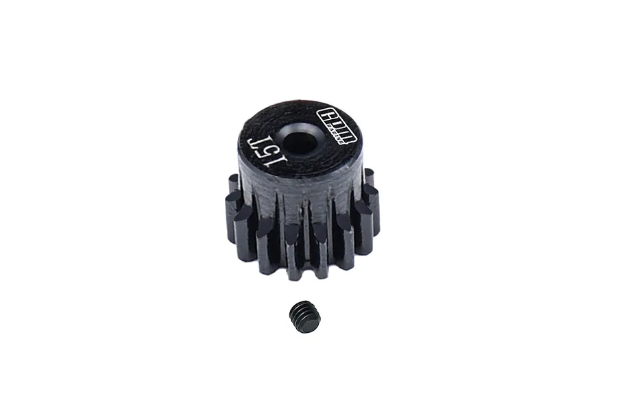 A black GPM Racing 15T pinion gear with a small grub screw placed below it against a white background.