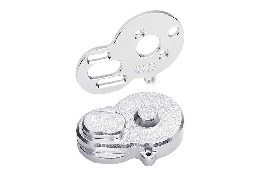 GPM Racing silver aluminium RC motor mount and gear cover set on a white background.