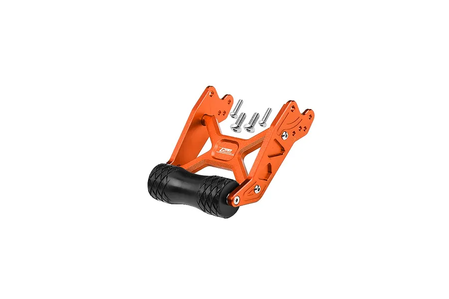 An orange anodized aluminium adjustable wheelie bar for RC cars, featuring a black rubber roller and included mounting screws.