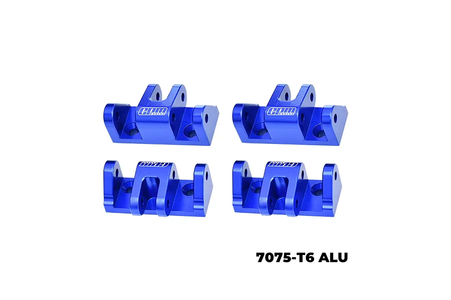 Four blue anodized aluminium lower shock mounts by GPM Racing, shown from different angles on a white background.