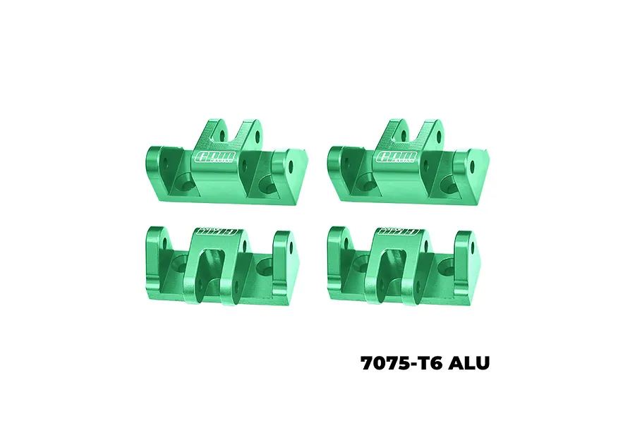 Four green anodized aluminium lower shock mounts from GPM Racing arranged in a grid on a white background.