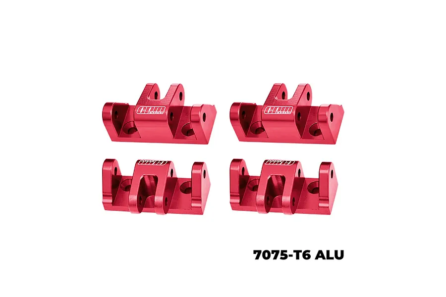 Four red anodized aluminium lower shock mounts by GPM Racing, shown from different angles against a white background.