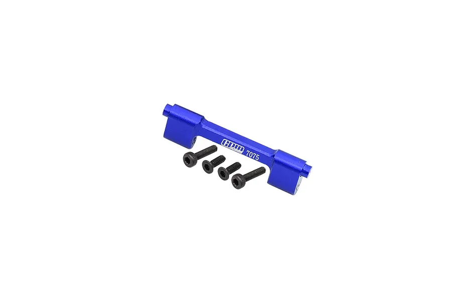 A blue anodized aluminium upper centre brace bar for an RC car, accompanied by four black hex head screws, isolated on a white background.