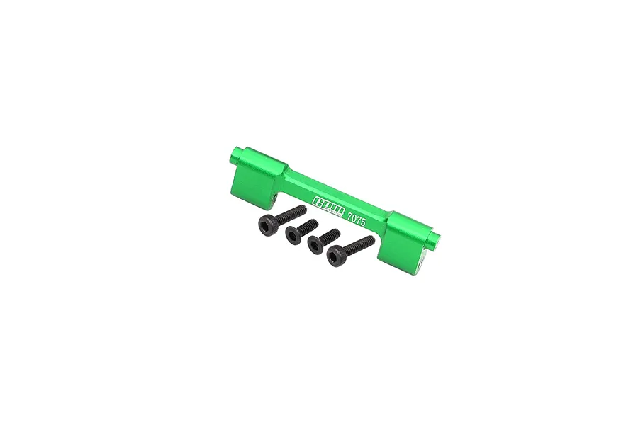 A green anodized aluminium upper centre brace bar for an RC car, accompanied by four black hex head screws, isolated on a white background.