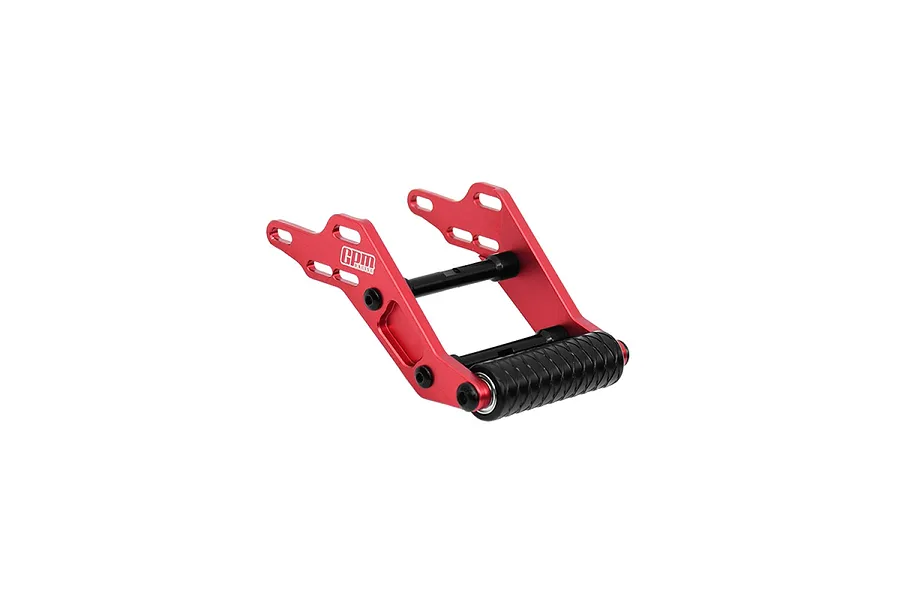 A red GPM Racing aluminium adjustable wheelie bar for RC cars, featuring a black textured roller and metal side plates against a white background.