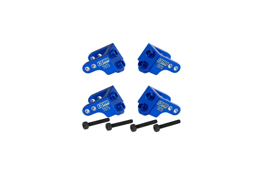 Four blue anodized aluminium shock mounts with GPM branding and 7075 markings, accompanied by four black metal screws.