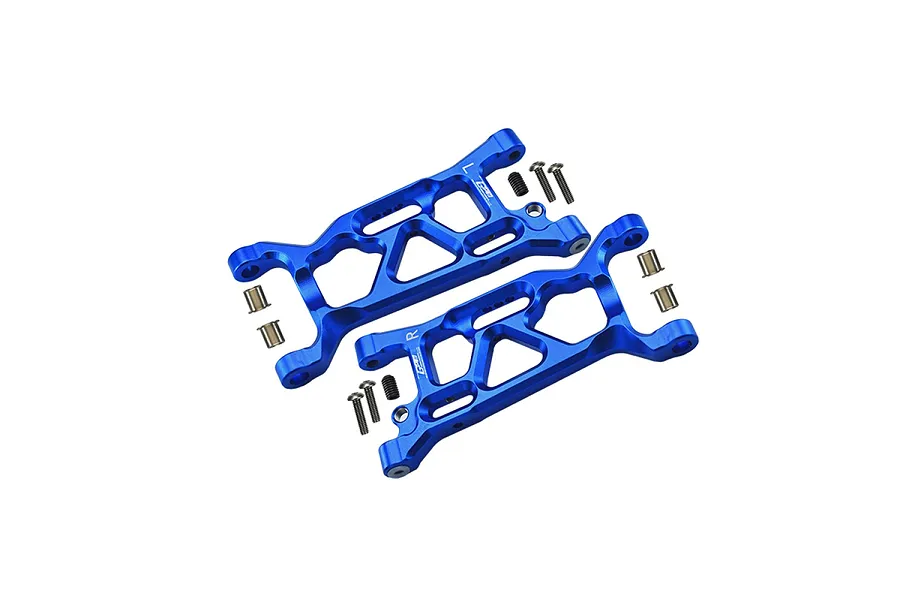 A pair of blue anodized aluminium front lower suspension arms for an RC car, including mounting screws and metal bushings, isolated on a white background.