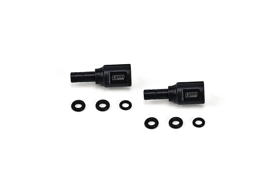 Two black GPM Racing differential outdrives with six small black rubber O-rings arranged on a white background.