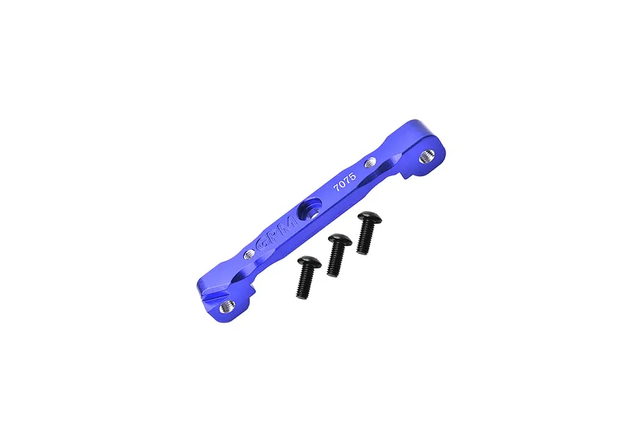 A blue anodized aluminium front upper suspension mount by GPM Racing, shown with three black mounting screws against a white background.