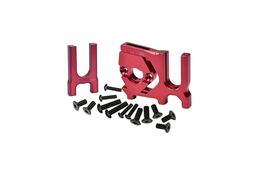 GPM Racing red anodized 7075 aluminium motor mount and differential support parts with a set of black screws on a white background.