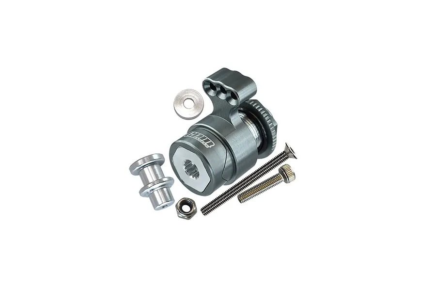 GPM Racing grey aluminium 15T servo horn with integrated servo saver assembly and included hardware components on a white background.