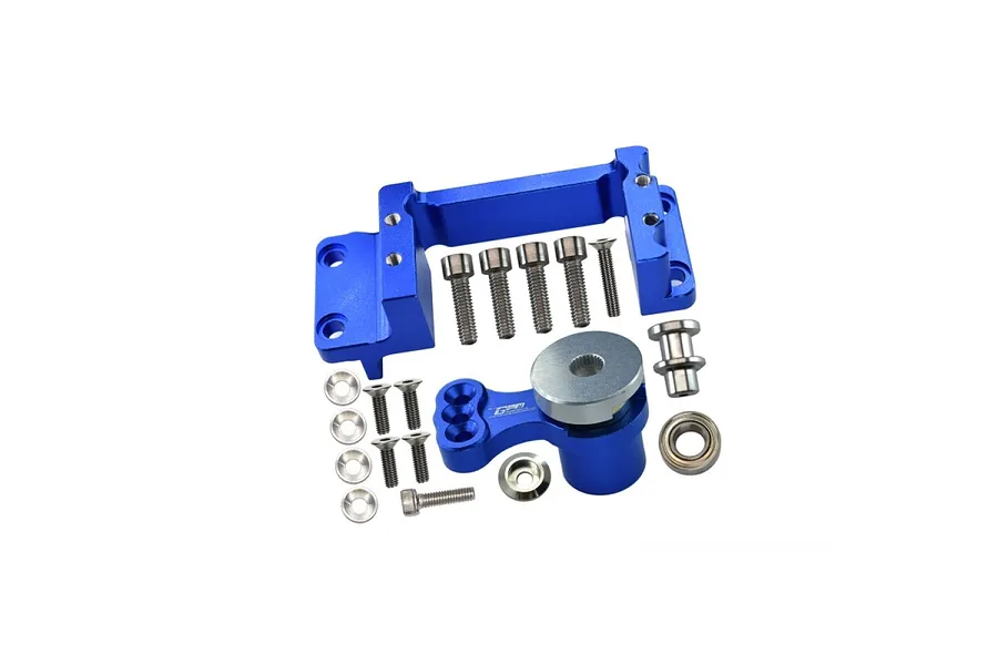 GPM Racing blue aluminium servo mount, servo saver, and 25T servo horn with included screws, washers, and a ball bearing on a white background.