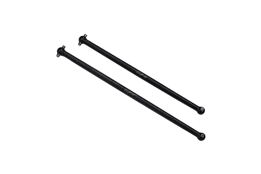 Two black GPM hardened steel RC drive shafts with ball joints at each end, displayed against a white background.
