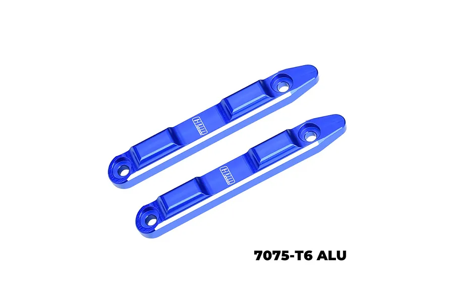 Two blue anodized aluminium roof guard rails for RC cars by GPM Racing, featuring mounting holes and engraved branding.