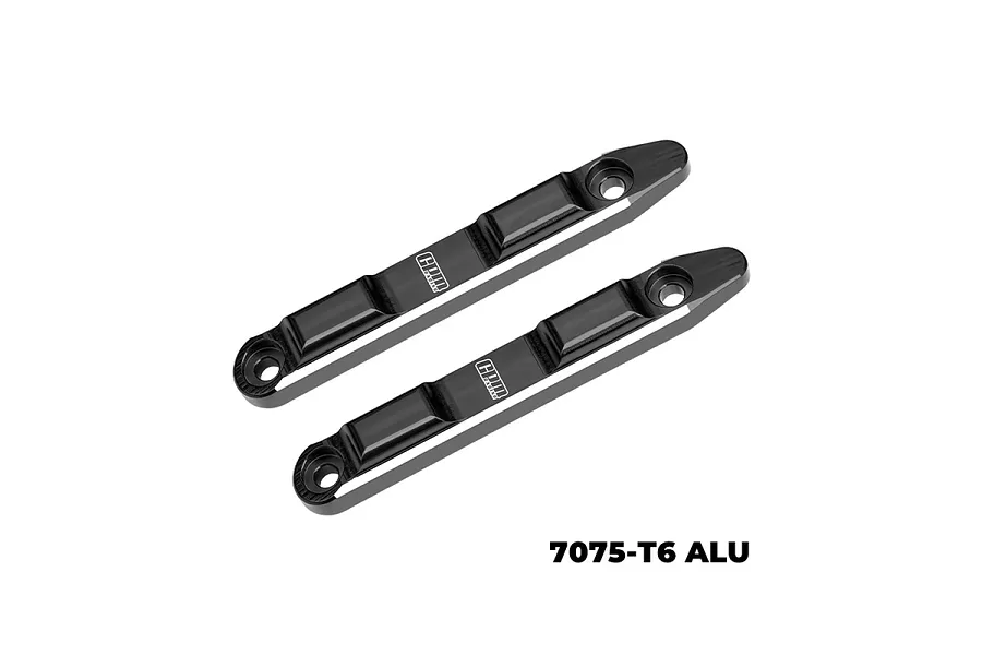 Two black GPM Racing aluminium roof guard rails for 1/8 scale RC cars, featuring a sleek, machined design with mounting holes.