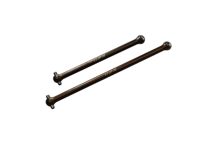 Two dark metal GPM centre driveshafts with ball-joint ends, isolated on a white background.