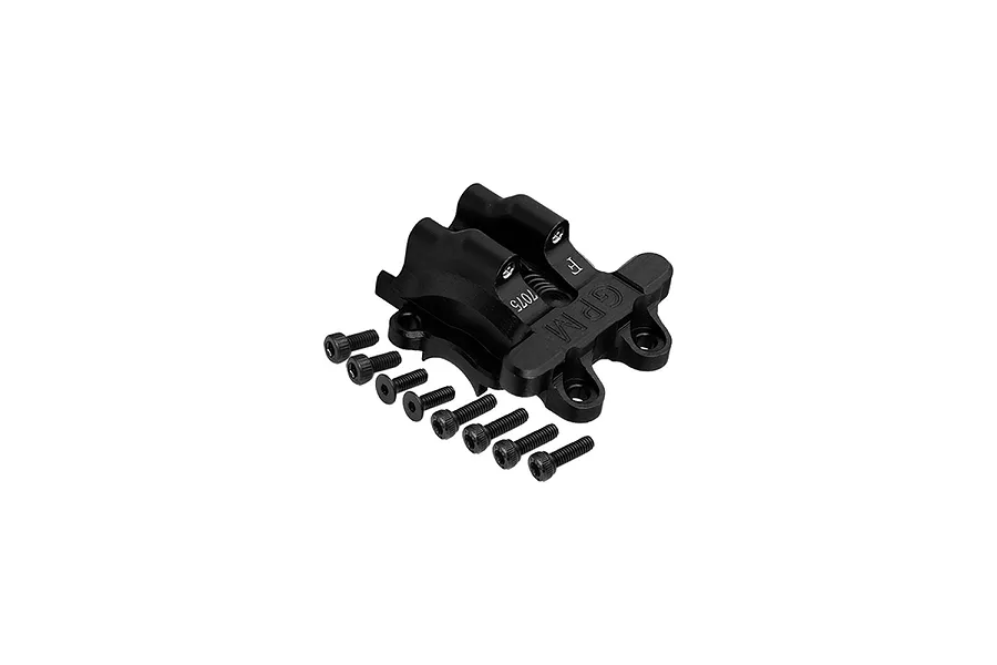 A black anodized aluminium front differential cover for an RC car by GPM Racing, shown with eight included mounting screws.