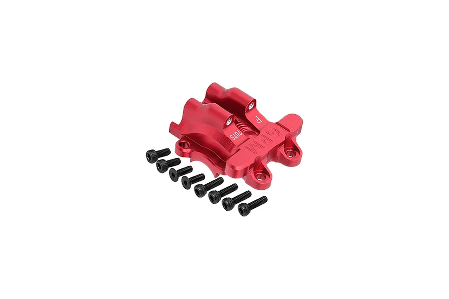 A red anodized aluminium front differential cover for an RC car, branded GPM, with eight black socket head screws arranged in a row.