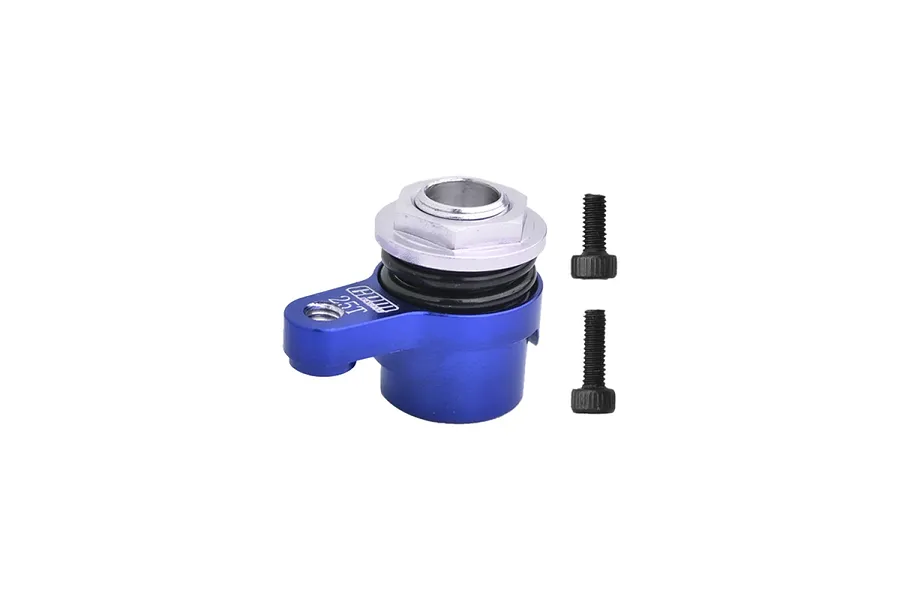 A blue anodized aluminium 25T servo horn with a built-in servo saver mechanism, accompanied by two small black screws, isolated on a white background.