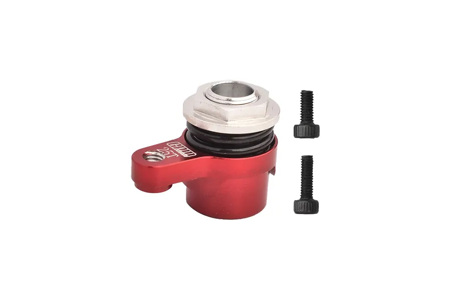 A red GPM Racing aluminium 25T servo horn with a built-in servo saver and two black mounting screws on a white background.