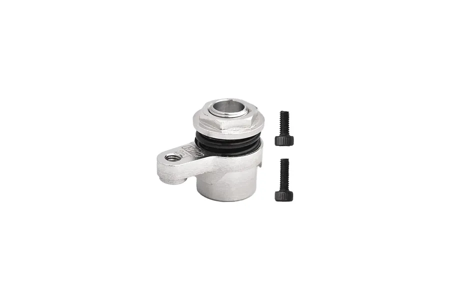 A silver GPM Racing 25T aluminium servo horn with a built-in servo saver and two small black screws on a white background.