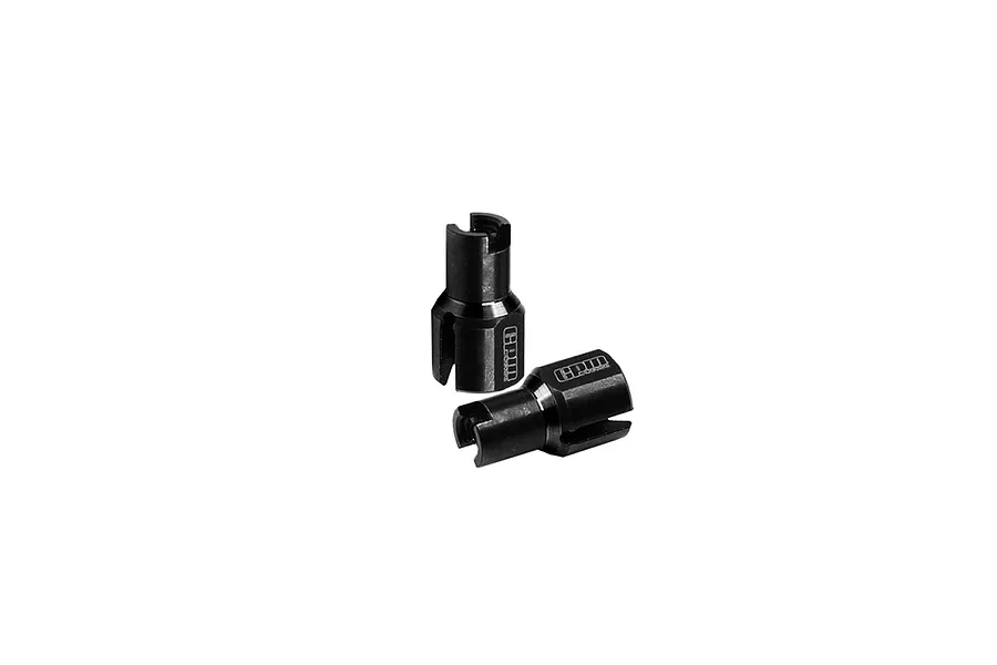 Two black GPM Racing carbon steel differential outdrive cups for RC vehicles, shown against a white background.