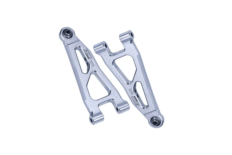 Two silver aluminium RC suspension arms from GPM Racing, featuring a triangular design with cutouts and engraved branding.