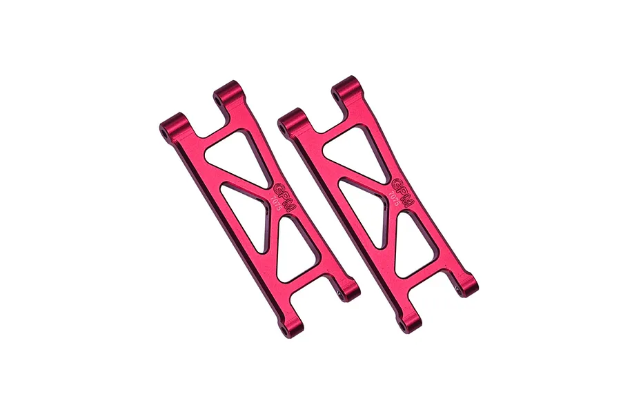 Two red anodized aluminium rear lower suspension arms for an RC car, featuring a triangular cut-out design and GPM branding.