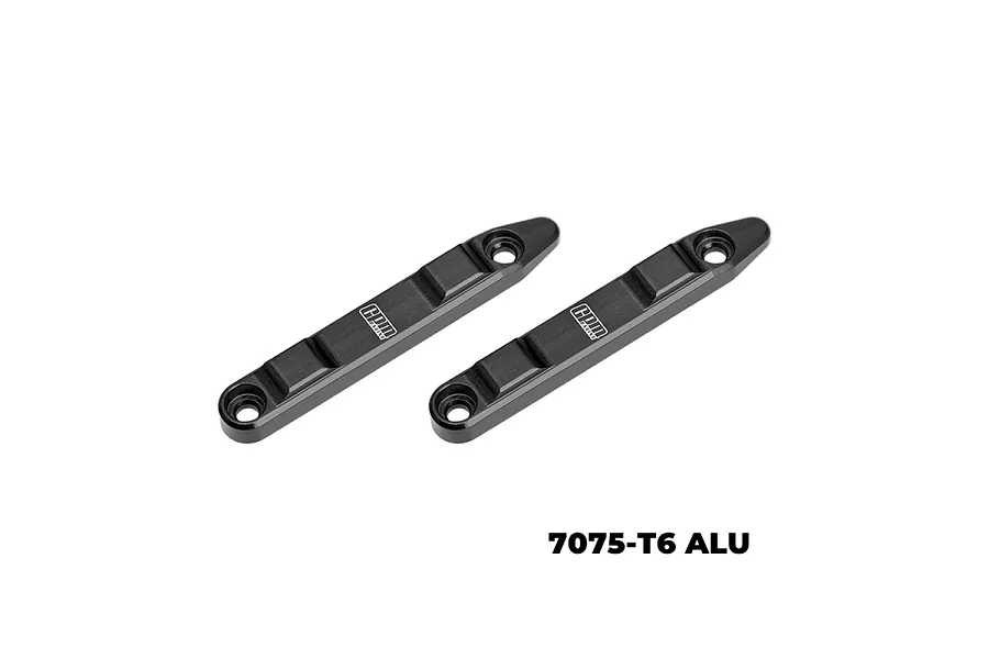 Two black GPM Racing aluminium roof rails for 1/16 scale RC cars, featuring mounting holes and engraved branding on a white background.