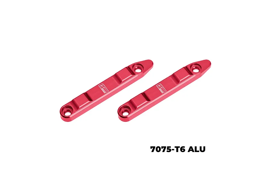 A pair of red anodized aluminium roof rails for 1/16 scale RC cars, featuring the GPM Racing logo and 7075-T6 aluminium construction text.