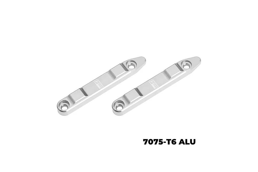 Two silver GPM Racing aluminium roof rails for 1/16 scale RC cars, shown on a white background.