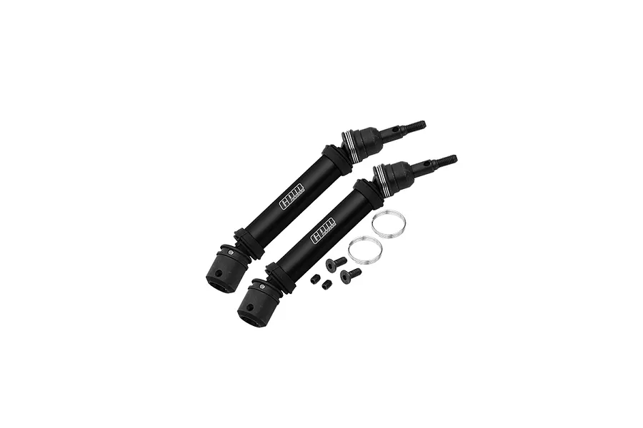 Two black GPM Racing CVD driveshafts with included screws and clips on a white background.