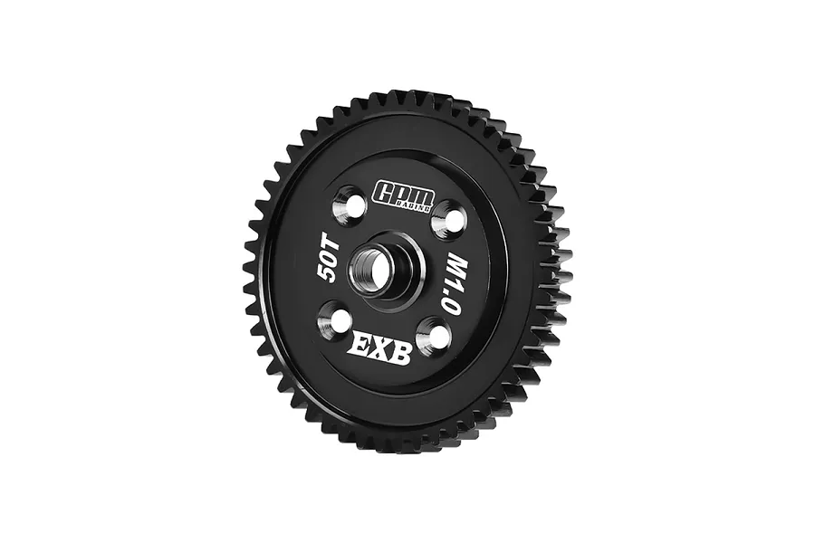 A black GPM Racing 50T 1Mod spur gear for RC cars, featuring a central hub and four mounting holes, isolated on a white background.