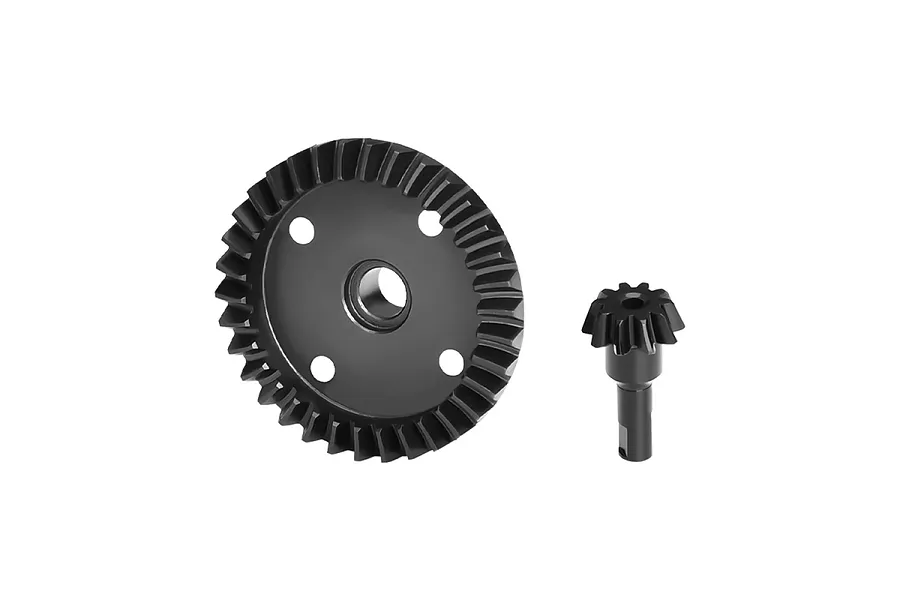 A black carbon steel differential main gear and a smaller input pinion gear for an RC car, shown against a plain white background.