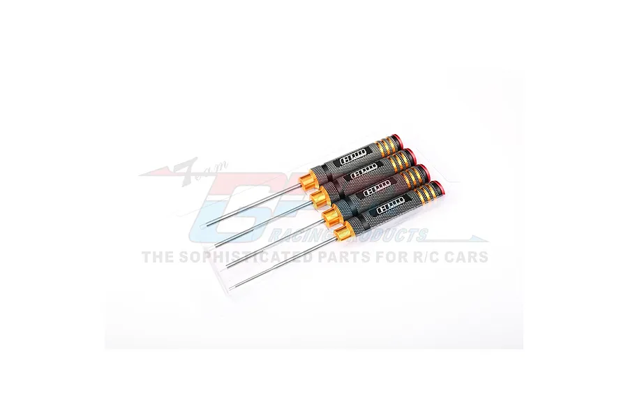 A set of four GPM Racing hex drivers with knurled black handles and gold accents in clear plastic packaging.