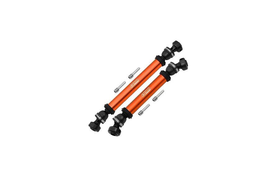 Two orange GPM Racing aluminium centre driveshafts with black universal joints and four small metal grub screws on a white background.