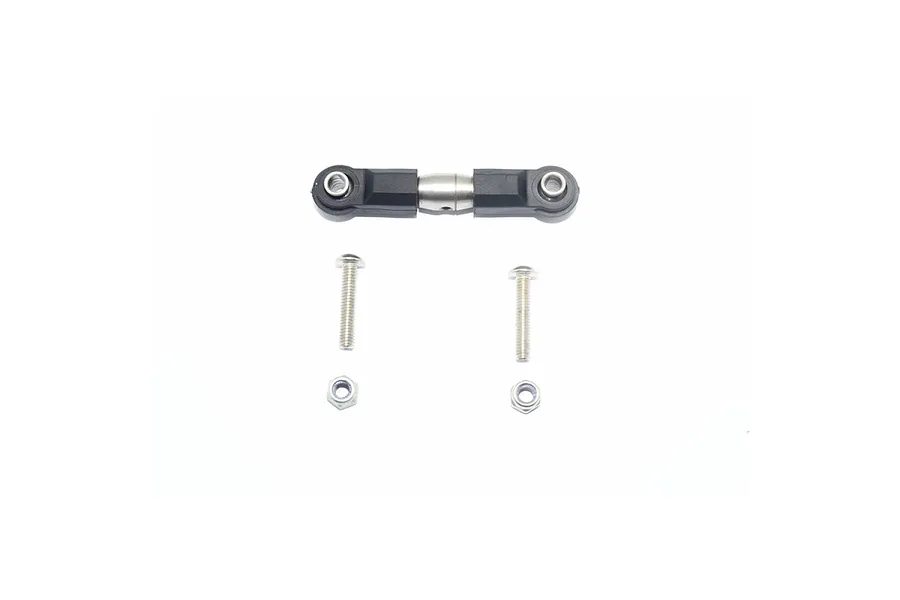 GPM Racing adjustable servo tie rod with black plastic ends, a silver metal center, two screws, and two nuts on a white background.