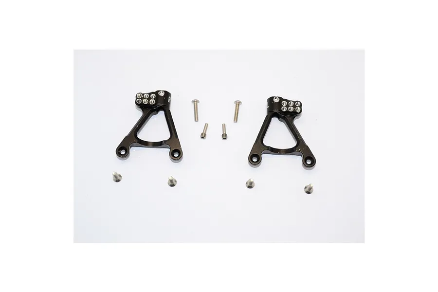 Two black aluminium rear shock mounts for Axial SCX10 II with included mounting screws on a white background.