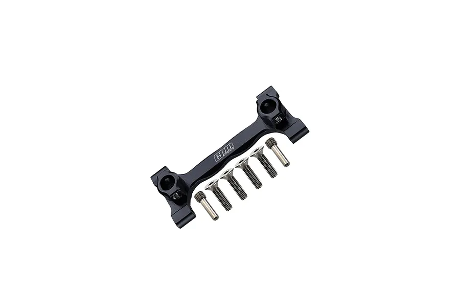 A black GPM Racing aluminium rear chassis brace with six included screws, isolated on a white background.