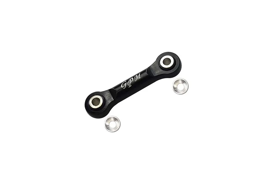 A black anodized aluminium GPM Racing servo tie rod with two silver metal washers on a white background.