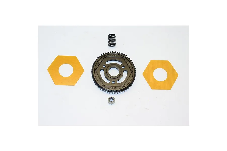 GPM Racing 56T steel spur gear, slipper pads, spring, and nut laid out on a white background.